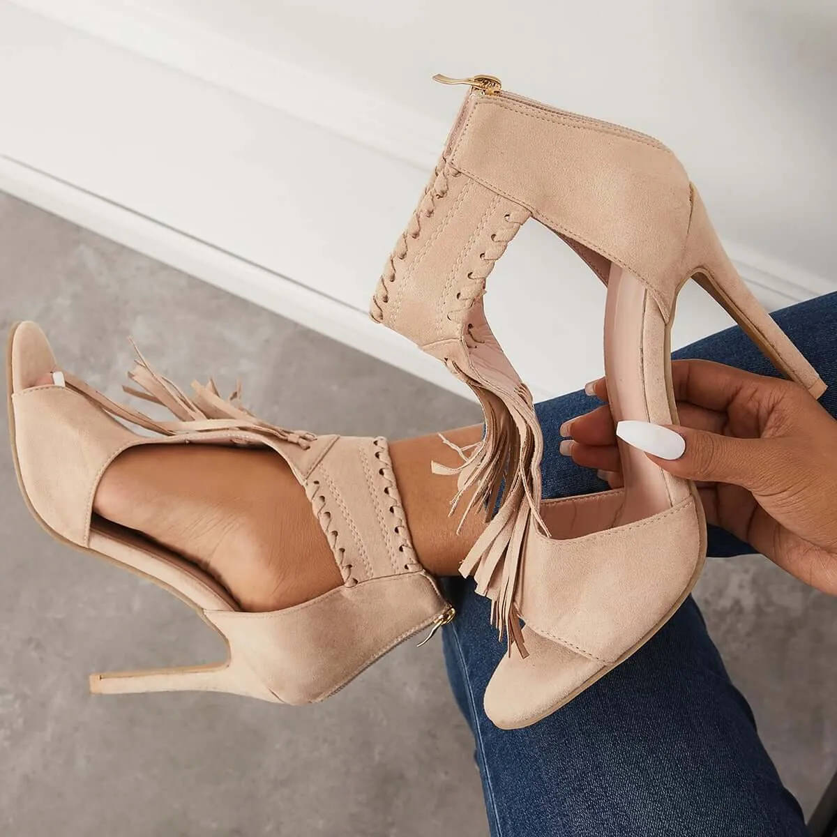 Sohiwoo Women Fashion Open Toe Tassels Cutout Stiletto High Heels Shoes