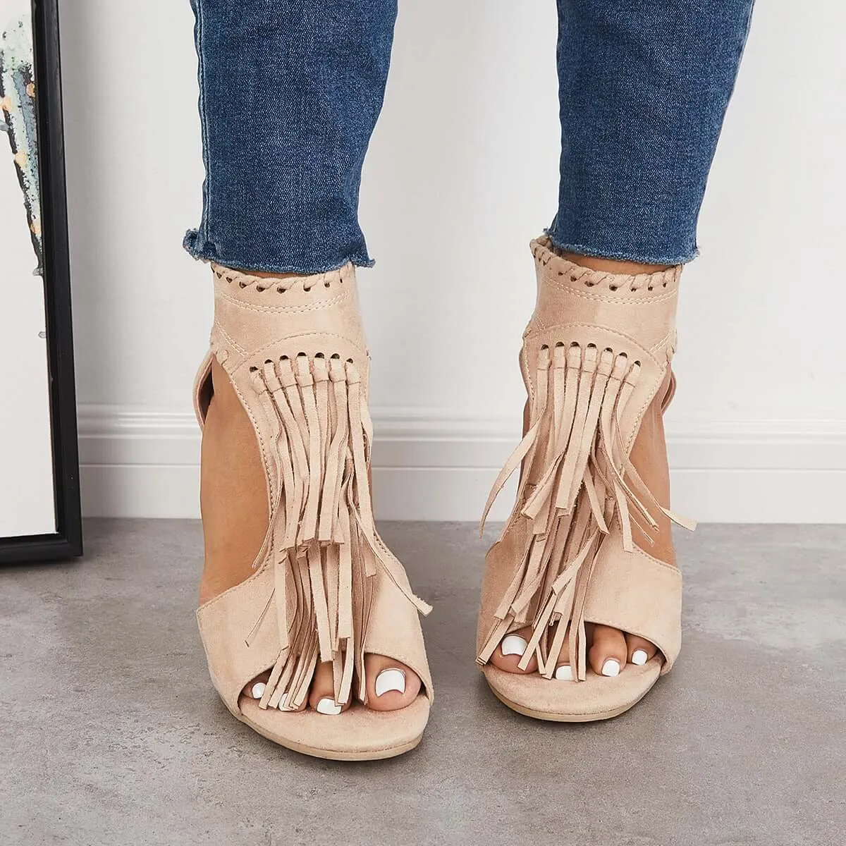 Sohiwoo Women Fashion Open Toe Tassels Cutout Stiletto High Heels Shoes
