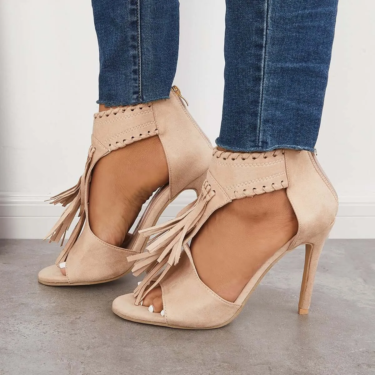 Sohiwoo Women Fashion Open Toe Tassels Cutout Stiletto High Heels Shoes
