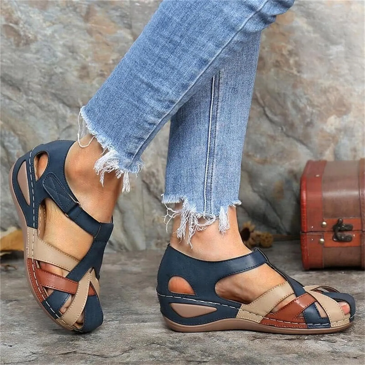 Summer Closed Toe Sandals for Women Platform Dressy Wedge Orthopedic Anti-Slip with Ankle Strap Wedges Sandal Hollow Out Cross-Buckle Comfy Bohemia Gladiator Outdoor Shoes