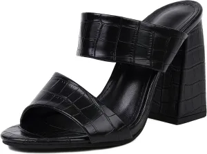 Women Vintage Block Heel Slip on Mule Clogs Double Strap Vegan Leather Sandals High Heeled Summer Pump