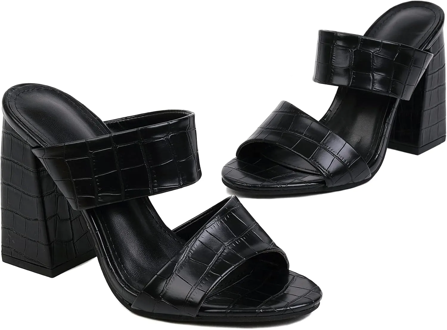 Women Vintage Block Heel Slip on Mule Clogs Double Strap Vegan Leather Sandals High Heeled Summer Pump