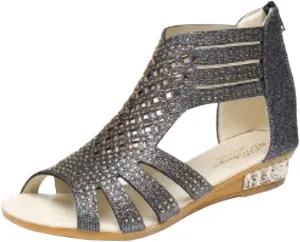 Womens Comfort Wedge Slide Sandals Open Toe Low Heel Non-Slip Gladiator Zipper Back Flat Sandal Dressy Hollow Out Casual Beach Roman Retro Sandals Rhinestone Trendy Travel Going Out Shoes