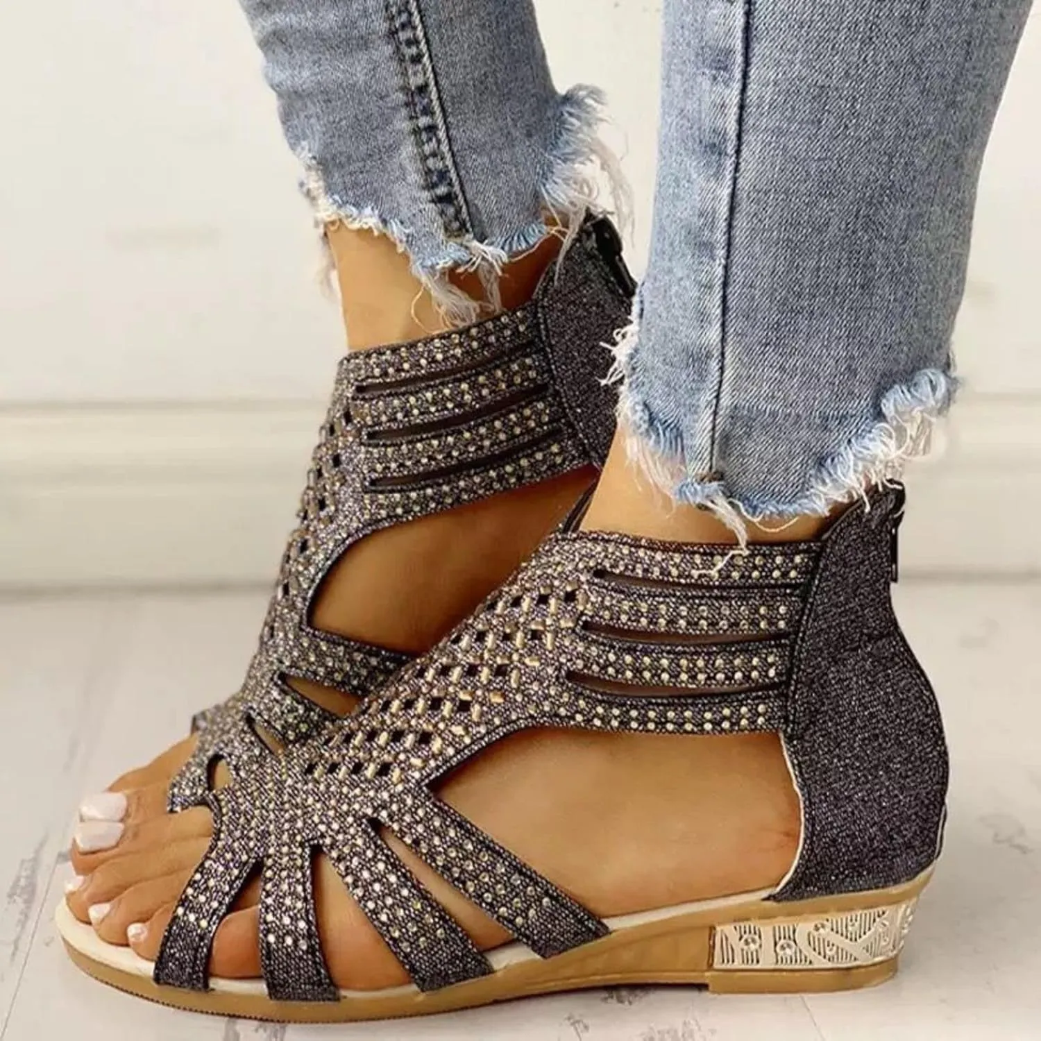 Womens Comfort Wedge Slide Sandals Open Toe Low Heel Non-Slip Gladiator Zipper Back Flat Sandal Dressy Hollow Out Casual Beach Roman Retro Sandals Rhinestone Trendy Travel Going Out Shoes
