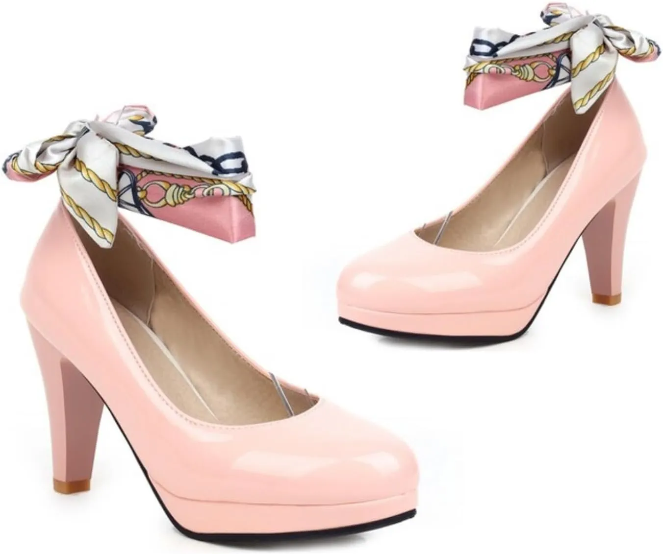 Women's Platform Mary Jane Shoes Fashion Round Closed Toe Cross Ribbon Strap Chunky High Heel Wedding Party Prom Dress Pumps