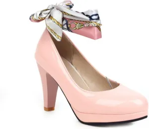 Women's Platform Mary Jane Shoes Fashion Round Closed Toe Cross Ribbon Strap Chunky High Heel Wedding Party Prom Dress Pumps