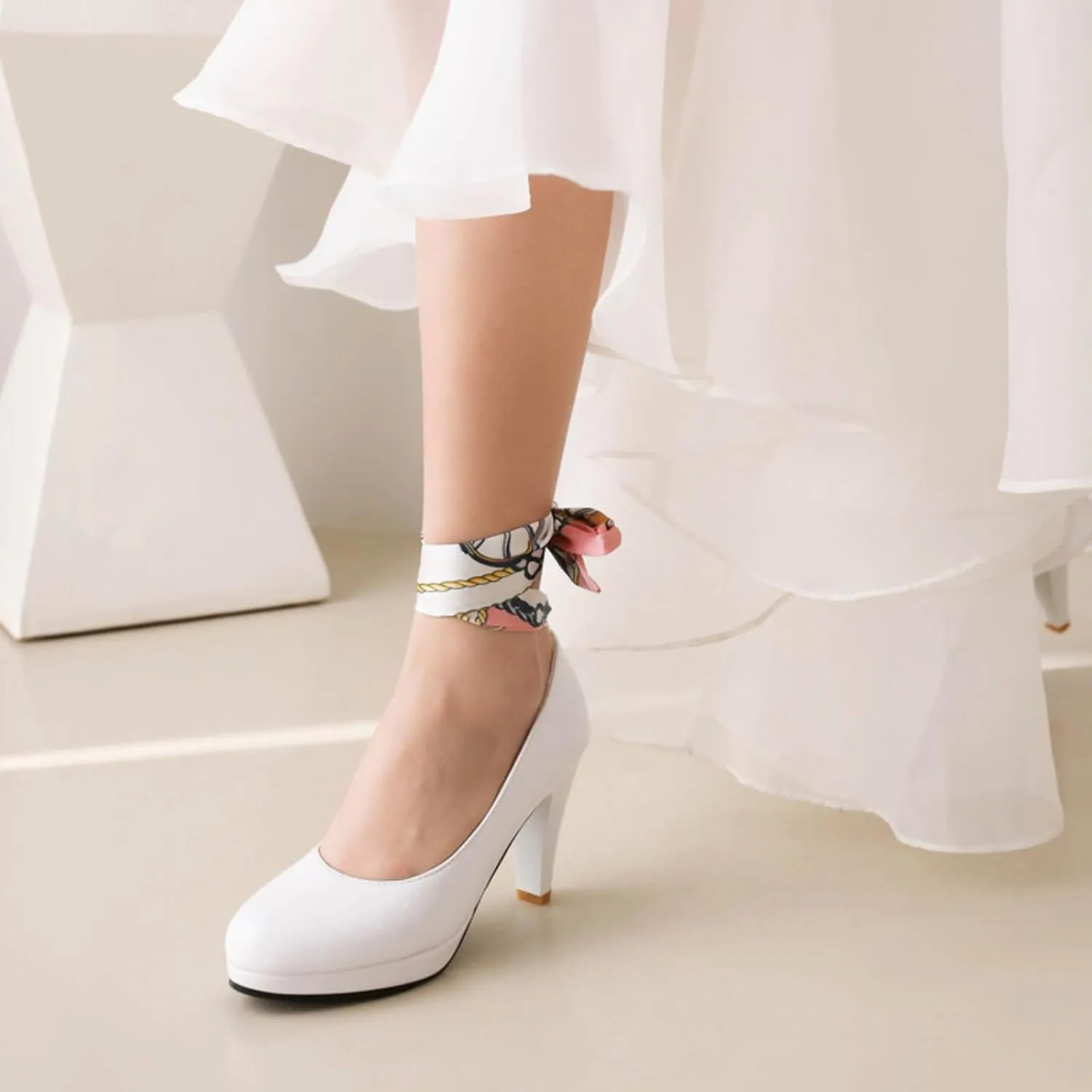 Women's Platform Mary Jane Shoes Fashion Round Closed Toe Cross Ribbon Strap Chunky High Heel Wedding Party Prom Dress Pumps