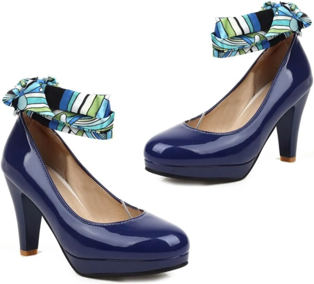 Women's Platform Mary Jane Shoes Fashion Round Closed Toe Cross Ribbon Strap Chunky High Heel Wedding Party Prom Dress Pumps