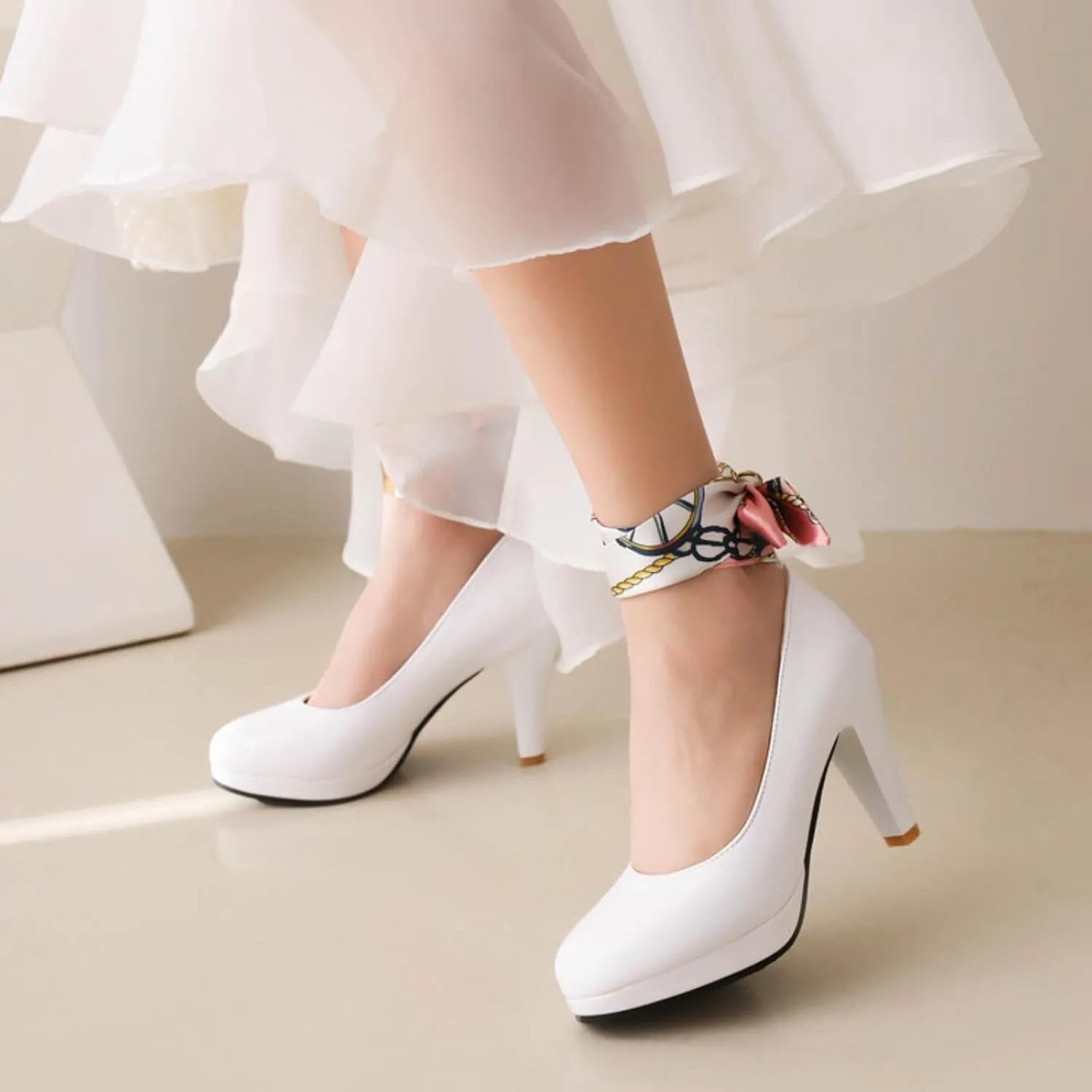 Women's Platform Mary Jane Shoes Fashion Round Closed Toe Cross Ribbon Strap Chunky High Heel Wedding Party Prom Dress Pumps